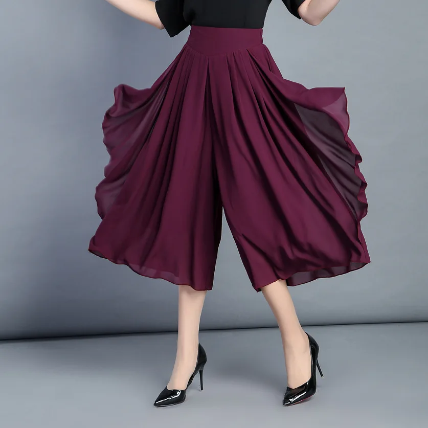 

New Summer Woman High Waist Wide Leg Pants Korean Edition Solid Loose Chiffon Skirts Pants Elegant Office Lady Calf-length Pants