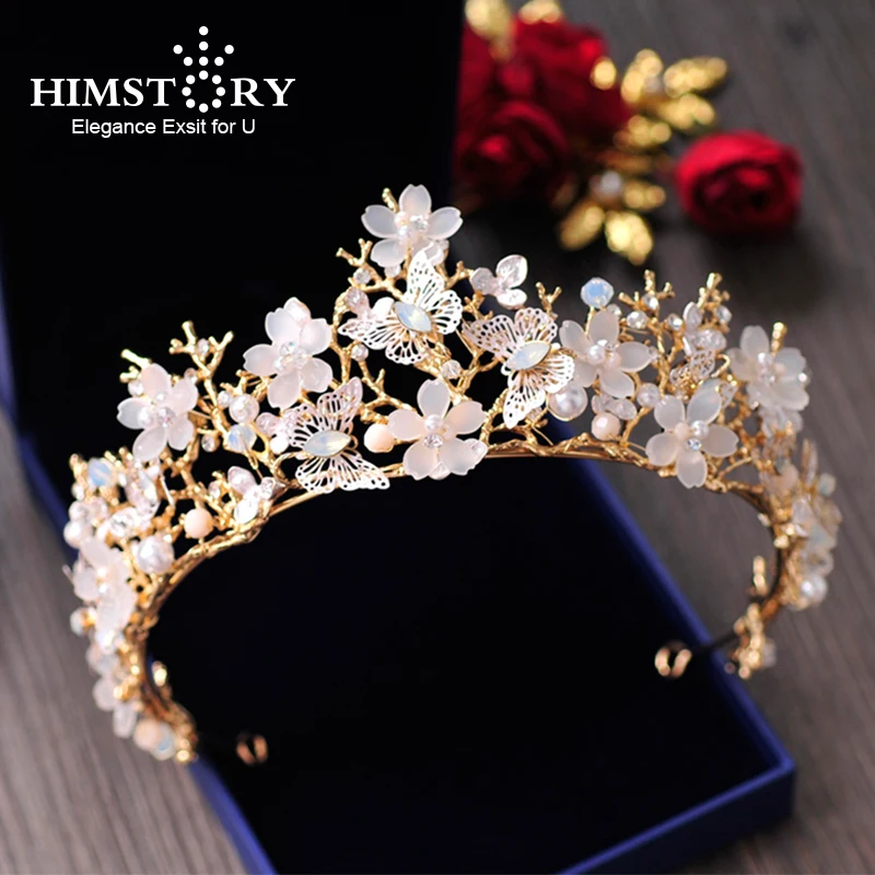 Europeu de Alta Tiara de Ouro Acessórios para o Cabelo Nupcial do Casamento Flor do Cabelo Himstory Qualidade Noivas Coroa Borboleta Floral Jóias