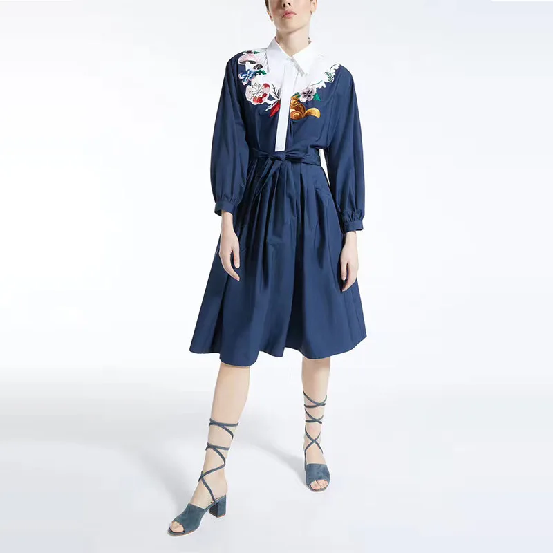 

Italy style floral embroidery dress 2018 autumn runway cotton long sleeve dress Fashion vintage dress D253