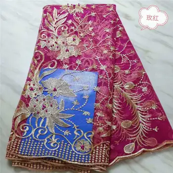 

Rose red Tulle lace Fabric 2019 High Quality African Beads Lace Materials For Wedding Promotion High Organza Lace Fabric