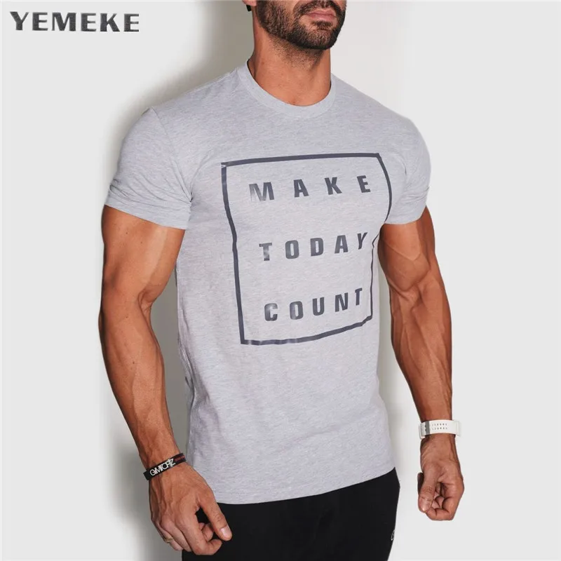 YEMEKE Men gyms Fitnes t shirt Skinny elasticity Bodybuilding workout