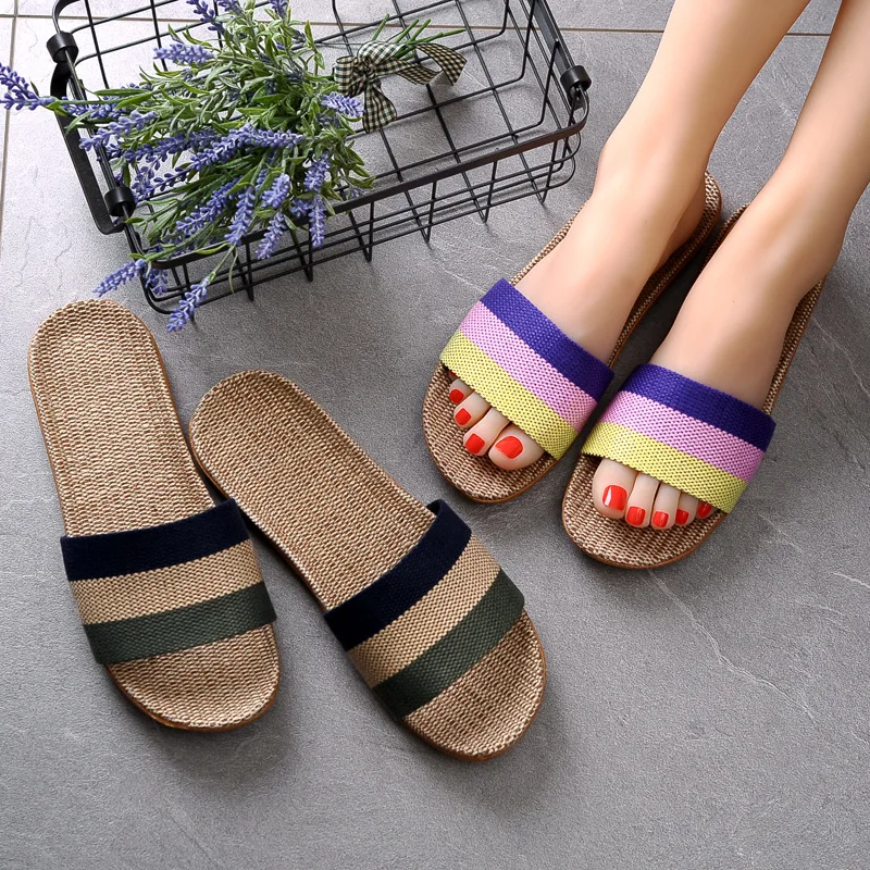 Suihyung Summer Flax Slippers Women Men Casual Linen Slides Multi-style Non-slip EVA Home Slippers Indoor Shoes Female Sandals 2
