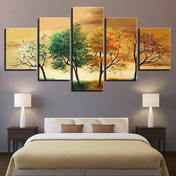 

5 Panels Four Seasons Tree Landscape Home Decor Tableau Pictures Art Canvas Large Wall Pictures for Living Room Unframed