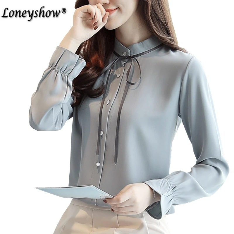 2018 Spring Autumn Solid Color Bow Tie Long Sleeve Blouse