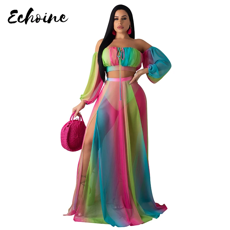 

Echoine 3 Three Piece Set Sexy Strapless Long Sleeve Crop Top Boho Beach Loose Long Skirt Hollow Out Maxi Summer Club Sundress