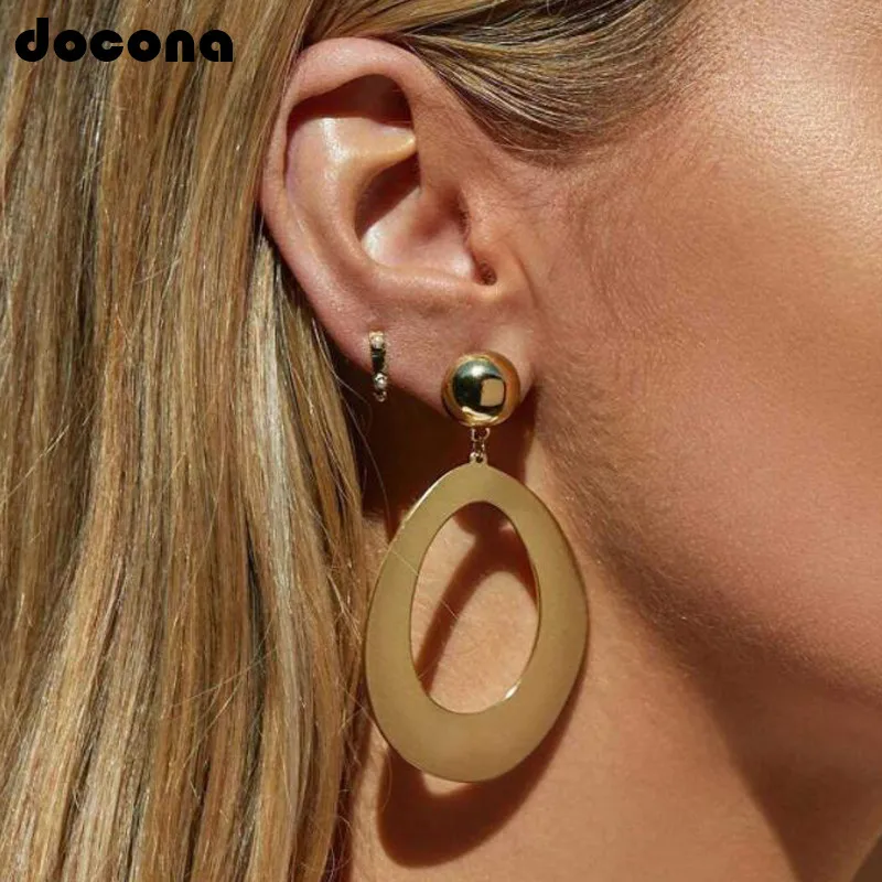 

Docona Fashion Metal Geometric Oval Hollow Drop Earring For Women Girl Punk Gold Color Lage Round Pendant Party Jewelry 3254