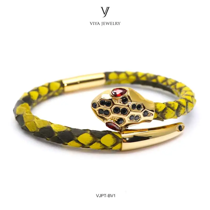 

Luxury Matt Yellow Python Bracelet With Charms Snake Heads Python Leather With Snake Head Jewelry For Men The Best Men Gift item