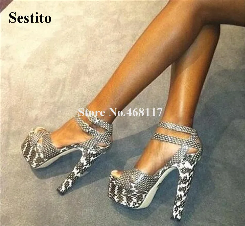 

Women Sexy Fashion Open Toe Grey Snake Leather High Platform Sandals Ankle Strap Buckle High Heel Sandals Club Sexy Shoes