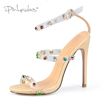 

Pinkpalms Shoes Women Sandals Celebrity Wearing Trend 2019 PVC Clear Transparent Strappy Heels Rhinestone Sandals High Heels