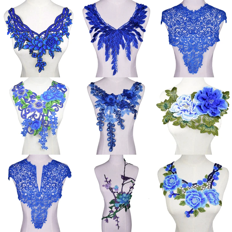 

1Pc Embroidered Blue Lace Fabric Neckline Collar Applique Embroidery Sewing on Patches Sewing Fabric DIY Accessories