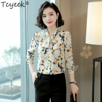 

Tcyeek 100% Real Silk Blouse Womens Tops and Blouses Elegant Print Clothes Long Sleeve Shirts Spring Autumn Shirt 2020 LWL1569