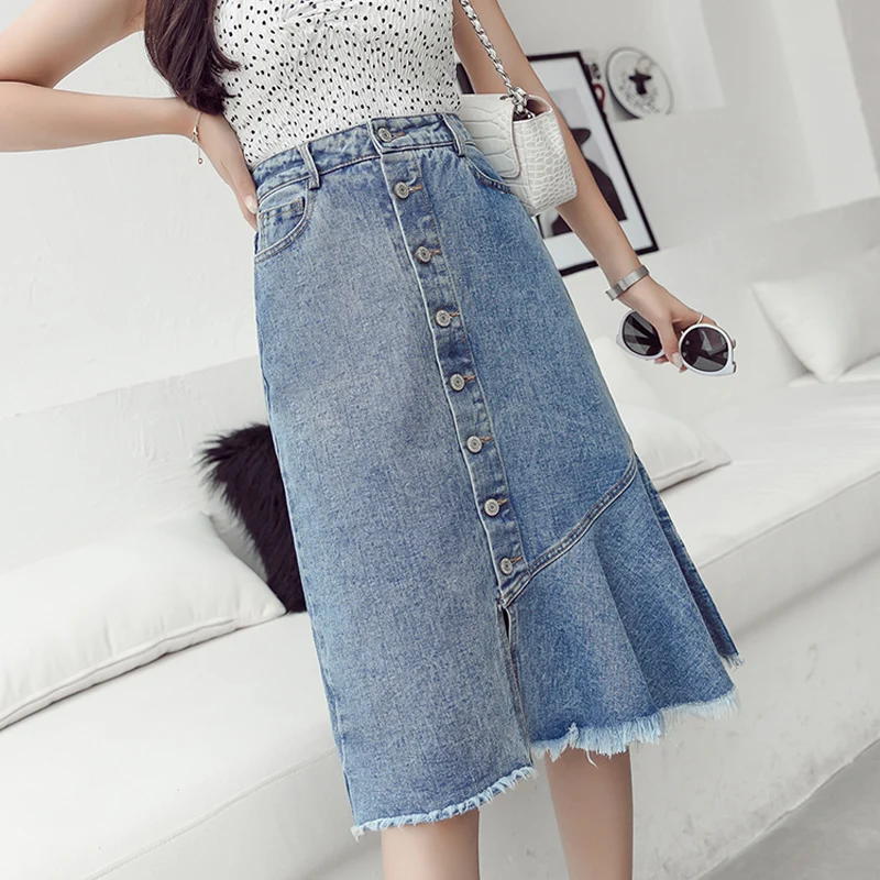 Women Fringed Hem Hip Package Streetwear Skirts Casual Irregular Mid-length Jean Skirt Single Breasted Summer Bottoms