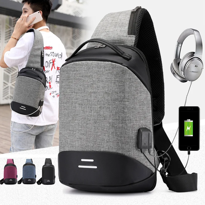

Casual Men Chest Bag With USB Charge Small Backpack Man Leisure Waterproof Oxford Cloth Multifunction Shoulder Bag New 2019