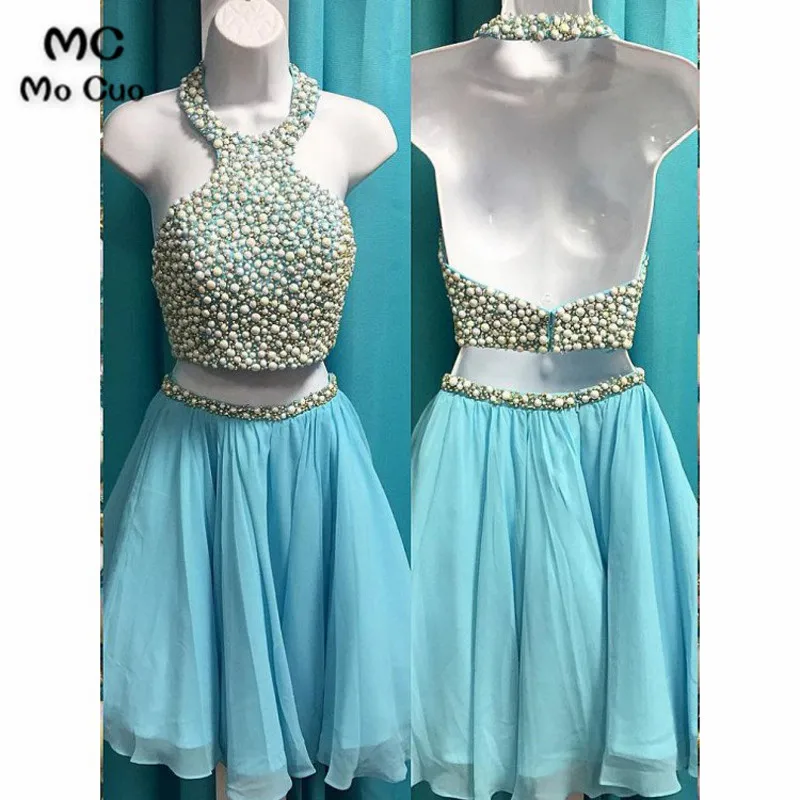 2018 Beaded Homecoming Dresses Short Two Pieces Gown Crystals Backless Party Halter Cocktail | Свадьбы и торжества