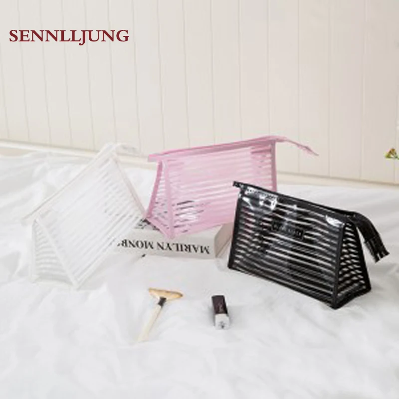 

SENNLLJUNG Portable multifunctional cosmetic bag with transparent stripes Storage bagTravel wash Mini-Bag Black/white/pink