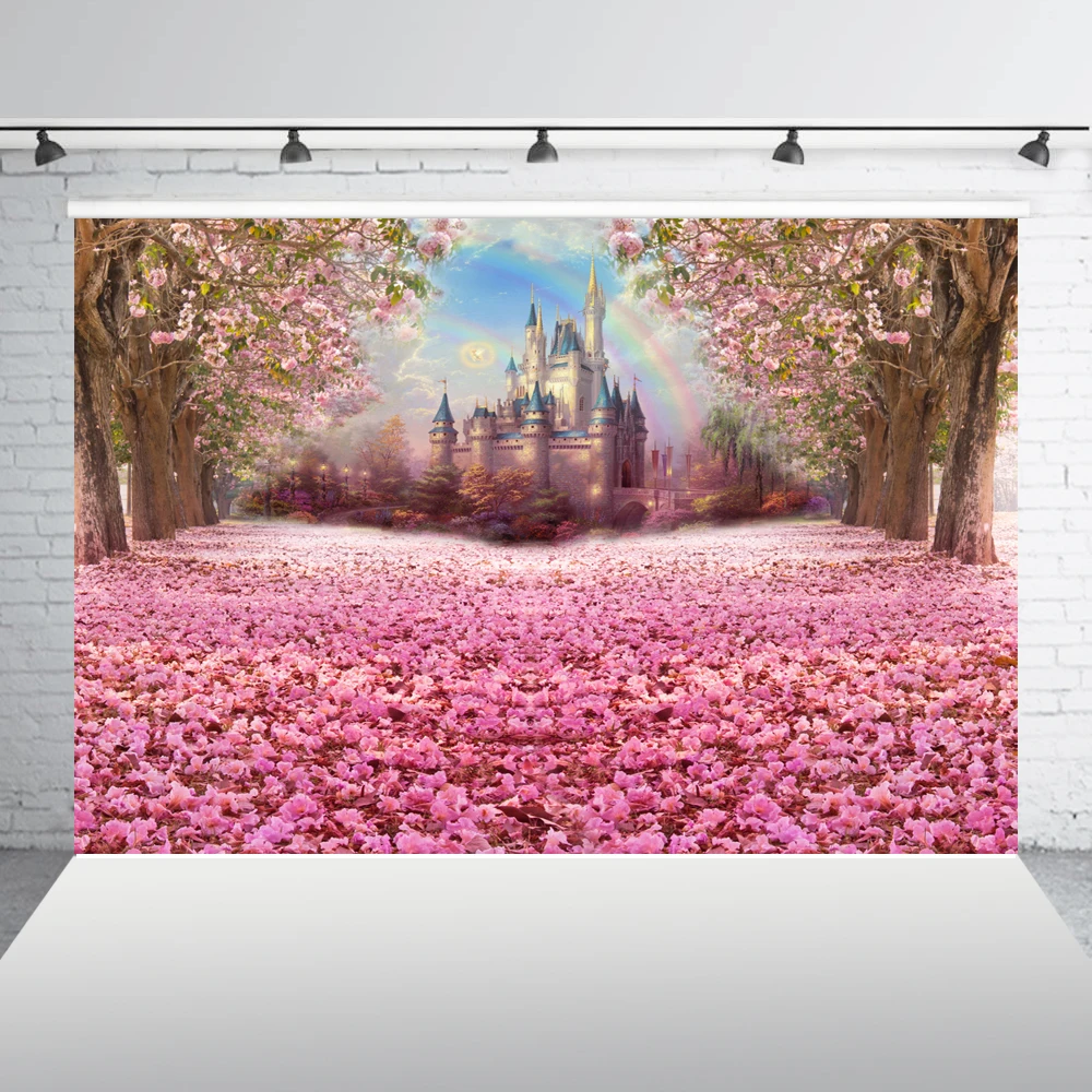 

Photography Backdrop Fairy Tale Castle Beautiful Pink Woods Photo Booth Backdrop Studio Props with Flowers on the Floor W-314