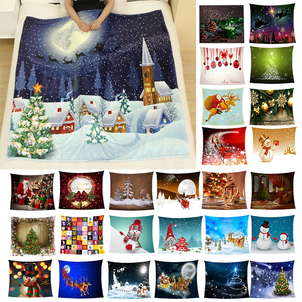 

Soft Flannel Christmas Blanket Double Fleece w/ Xmas Print Soft Warm Sofa Throw Blanket for Taveling Camping Home Decor Supplies