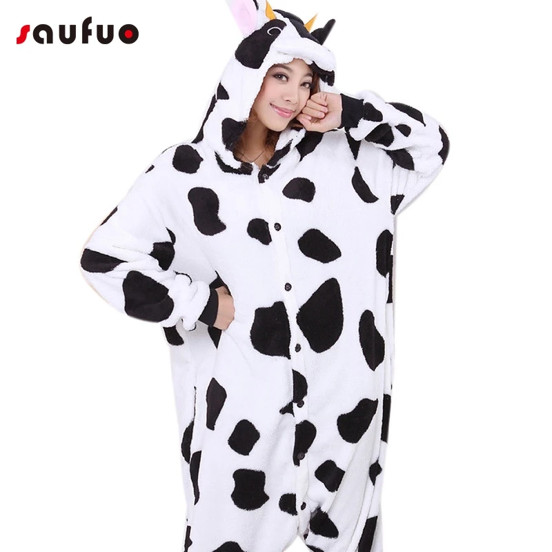 Cute Cow Adult Hoodie Winter Kigurumi Onesie Women Cartoon Pajamas