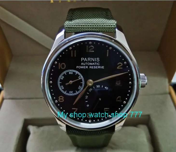 

43mm PARNIS Automatic Self-Wind Mechanical movement men's watch Auto Date power reserve Mechanical watches Nylon strap 68A
