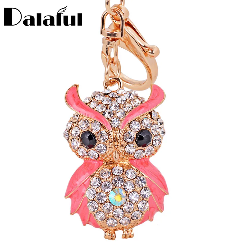 

Dalaful Lovely Enamel Owl Key Chains Rings Holder Amazing Rhinestone Purse Bag Buckle Pendant For Car Keyrings KeyChains K287