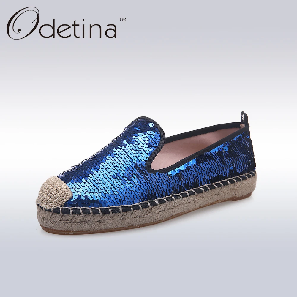 

Odetina High Quality Genuine Leather Woman Loafers Woman Casual Sequined Shoes Women Espadrilles Woven Straw Shoes Plus Size
