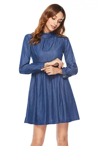 Zqlz Spring Autumn Denim Dress Women Turtleneck Long Sleeve Solid Slim A-line Jeans Dresses Casual Robe Femme Vestidos