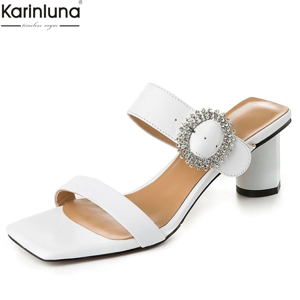 

Summer Women Shoes Big Size 42 Genuine Leather Fashion Crystal Elegant Party Sandals Shoes Woman Mules heeled