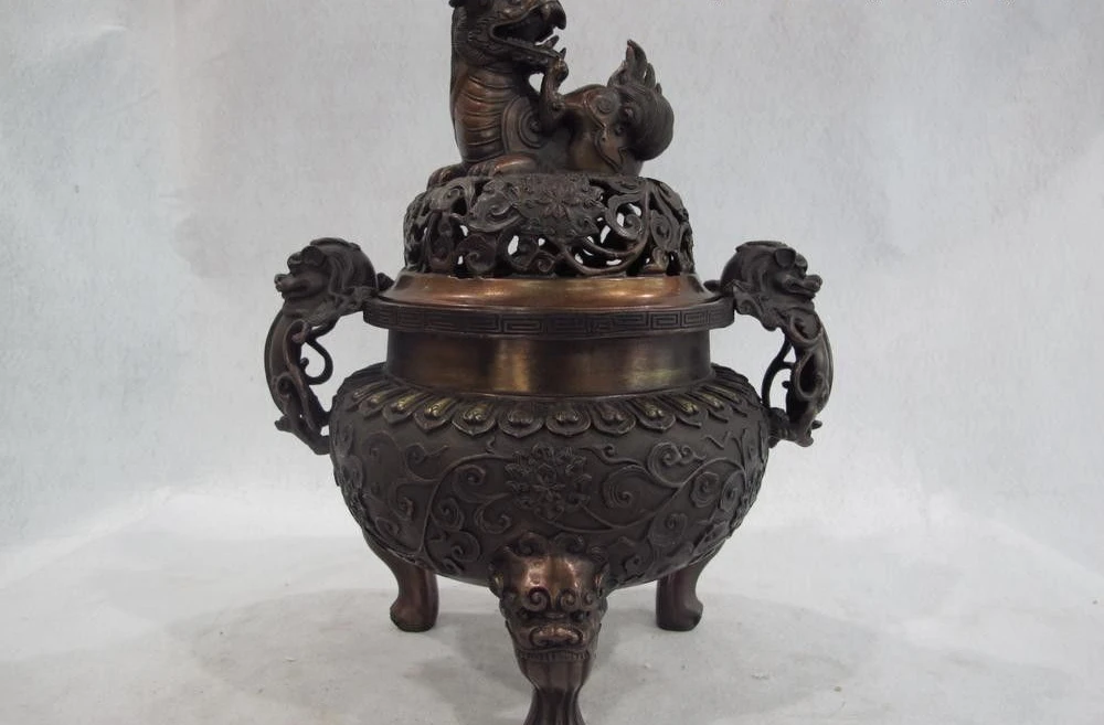 

11 Chinese Buddhism Copper Bronze Foo Fu Dog Lion 3 Feet Incense Burner Censer
