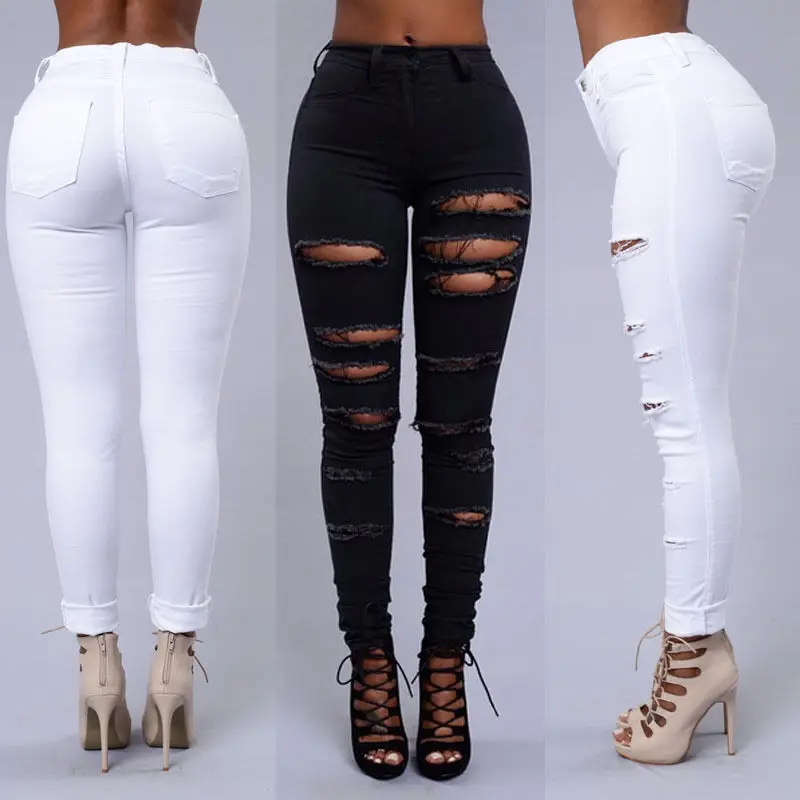 Femme Plain Skinny Genou Fente Jeans Femmes Noir Blanc Genou Rip Pantalon Stretch