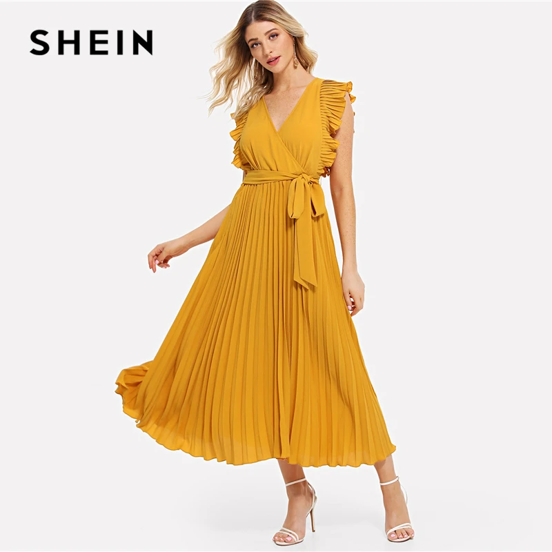 SHEIN Yellow Ruffle Trim Pleated Wrap Dress Casual Elegant V Neck Short Sleeve Shift Dresses Women Flounce Sleeve Summer Dress SHEIN Yellow Ruffle Trim Pleated Wrap Dress Casual Elegant V Neck Short Sleeve Shift Dresses Women Flounce Sleeve Summer Dress