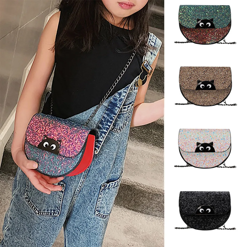 

Chain Children's Crossbody Shoulder Bag with Sequin 2019 women evening bag cartoon Handbag Small semicircle Bag Coin Purse Pack