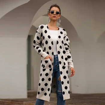 

women sweater casual dot long cardigan with pocket