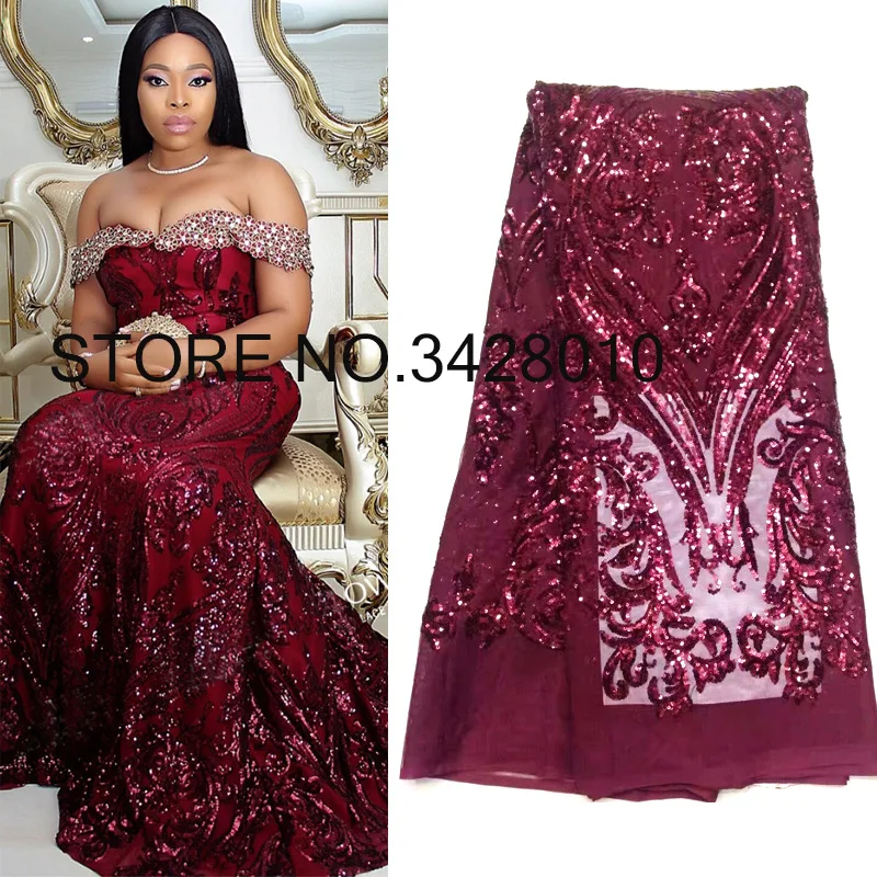

2019 African Net Lace Fabric, High Quality Elegant Wine Sequins Nigerian Wedding Lace Fabrics 5Yards Sequins French Tulle lace