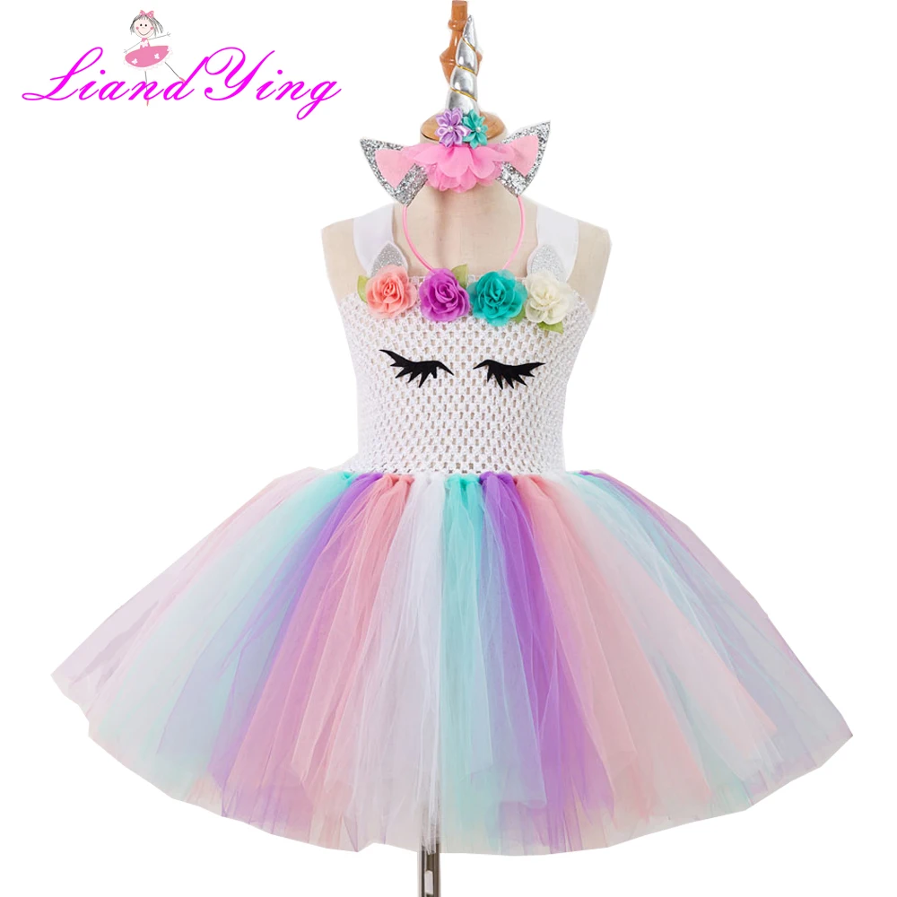 Robe licorne pour enfants filles | Tenue de soirée arc-en-ciel, tenue de mariée élégante, avec bandeau, pour enfants