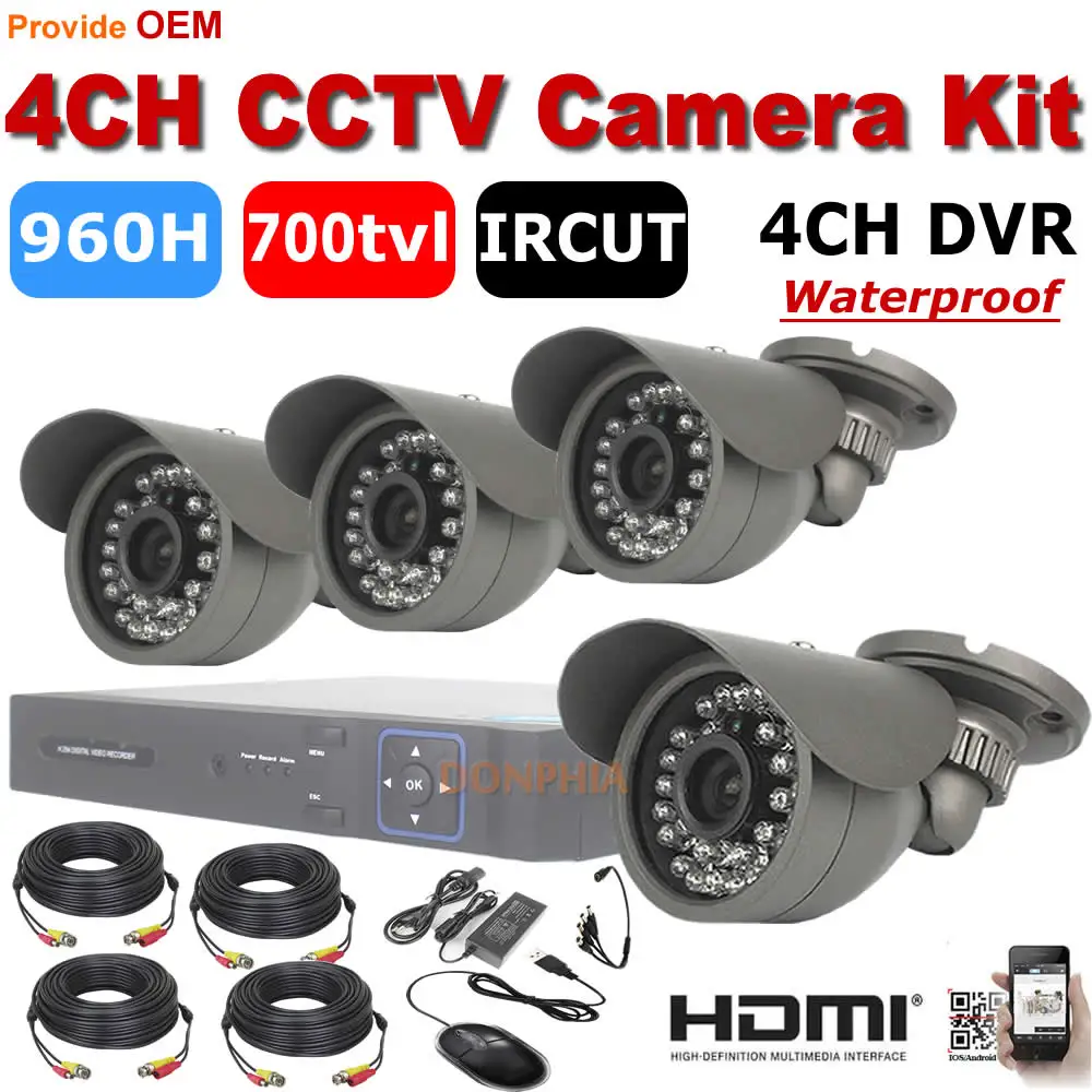 Surveillance system security camera kit 4ch video recorder 960H DVR 4pcs bullet IRcut night vision 700TVL Waterproof CCTV Camera