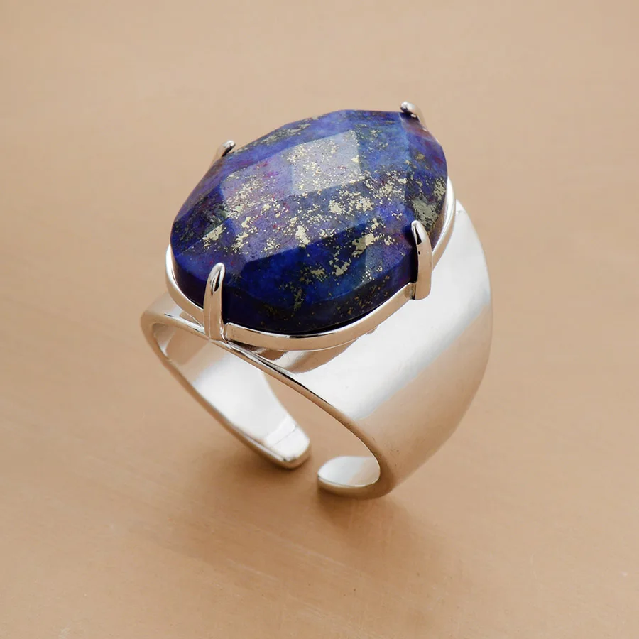 Big Stone Rings High Quality Jewelry New Fashion Gold Color Lapis Lazuli Luxury Party Ring Size 7 - Image 4