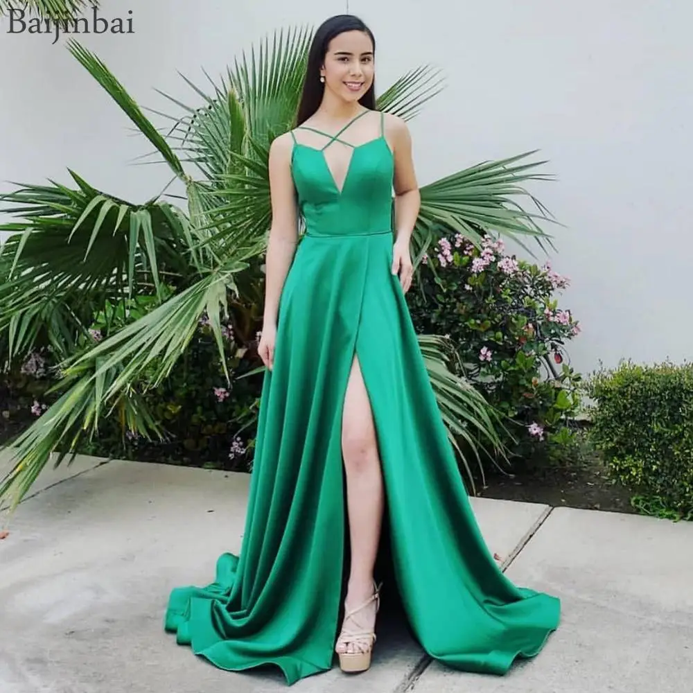 

Baijinbai Plunging Neckline Satin Evening Prom Gowns A-line High Front Slit Formal Dresses Long Crisscross Party Vestidos Festa