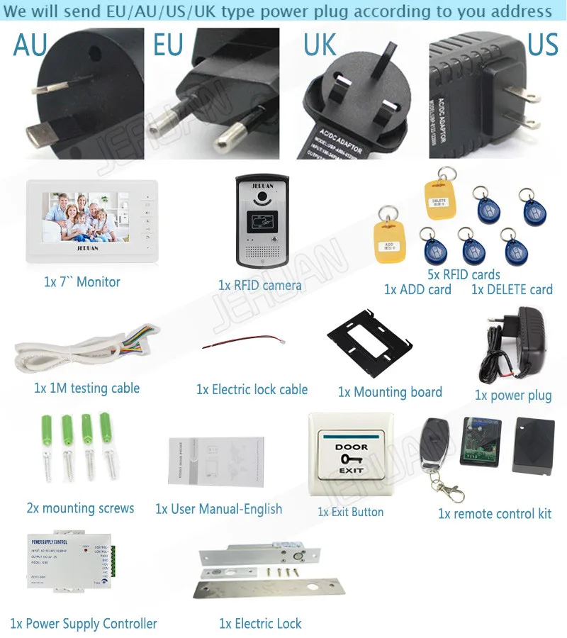 JERUAN проводной 7 дюймов TFT цветной видеофонная дверная система 700TVL RFID Доступа ИК Ночное видение Камера Электрический падения домофоны