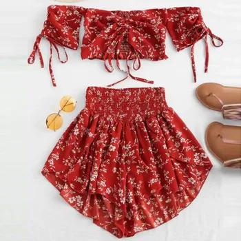 

Off Shoulder Cinched Floral Women Set Summer Slash Neck Short Sleeves Crop Top High Waist Shorts Set Beach Boho Suits