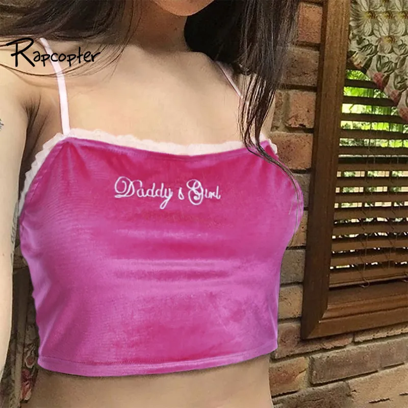 

Rapcopter Sexy Velvet Spaghetti Strap Crop Top Embroidery Daddy Backless Camis 2018 Cropped Summer Ruched Patchwork Shirt Women