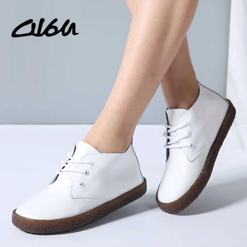 

O16U Women basic Boots Genuine Leather Lace up Ladies Moccasins Short Boots Ankle Boots for Women Footwear Flats Shoes Spring