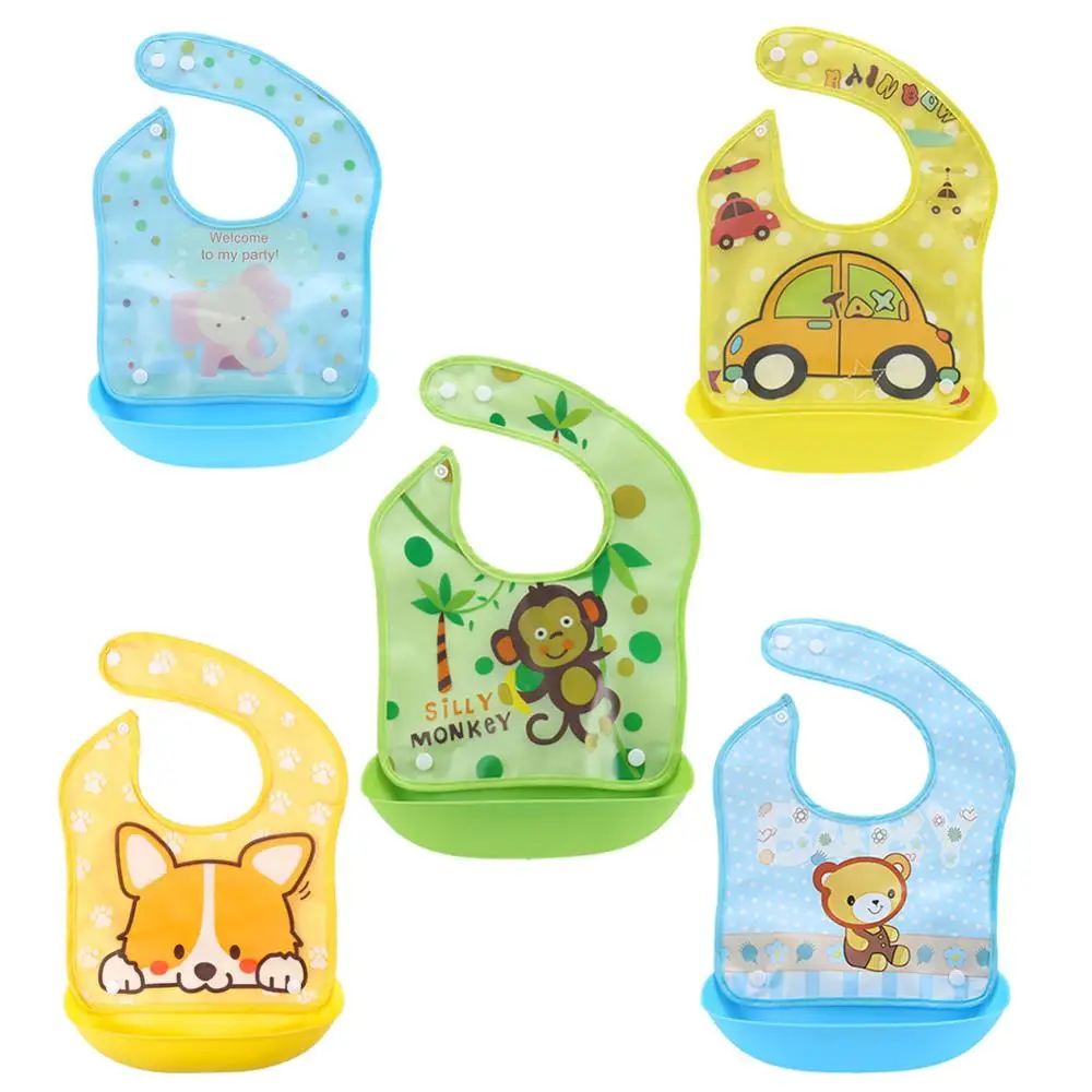 5 Pack of Silicone Removable Waterproof Bib Baby Weaning and Feeding Bib with Pelican Style Pocket -BOY&Girl