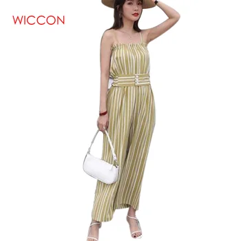 

Women Summer Strap Jumpsuit Boho Style Wide Leg Loose Rompers Female Sexy Backless Beach Striped Overalls Streetwear