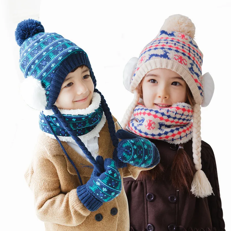 Детская шапка, шарф, перчатки, комплект из трех предметов для мальчиков и девочек, осенне-зимняя одежда вязаные плюшевые шапки+ воротник+ перчатки, костюмы детские теплые шапки