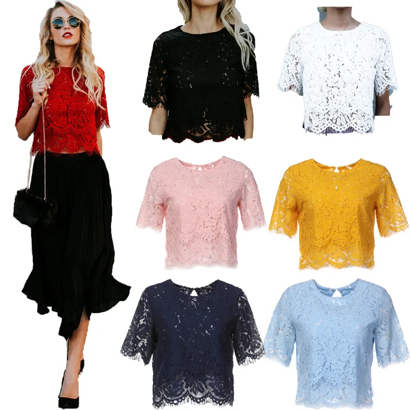 

s chic style autumn hollow out crop top o-neck woman shirts solid lace sexy slim sheath comfortable female shirts