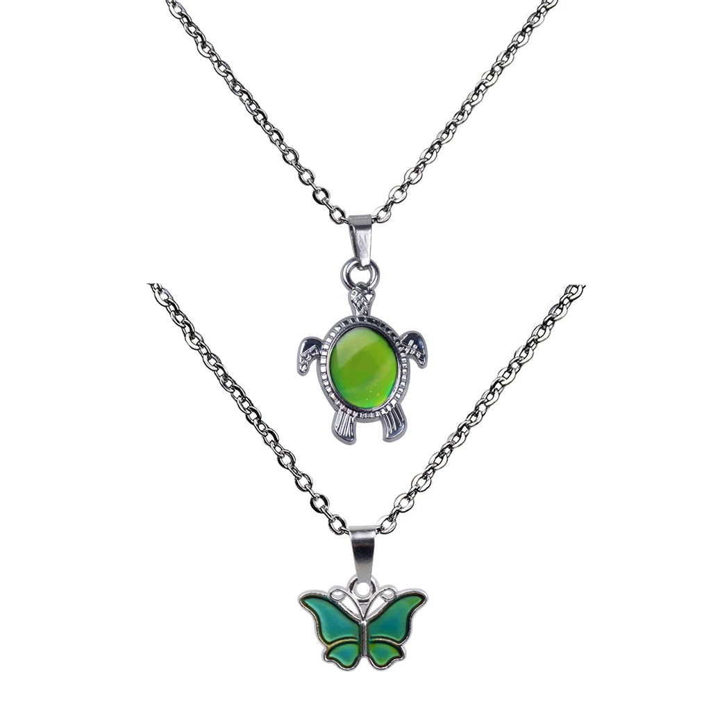 2 Pieces/Pack Mini Butterfly Turtle Pendant Color Change Emotion Mood Lady Mens Long Chain Necklace