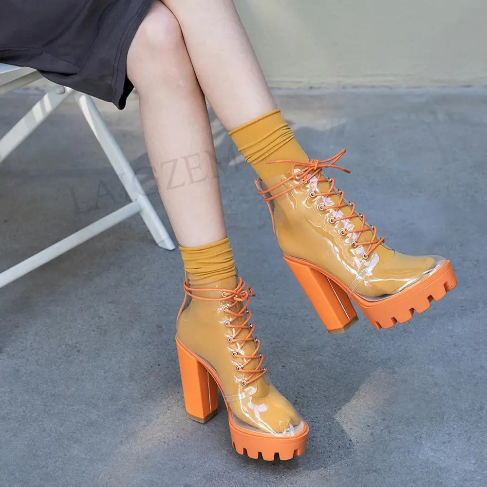 LAIGZEM FASHION Women SUMMER Transparent Clear Ankle Boots Chunky Heels Short Boots Ladies Botines Mujer Small Big Size 33-41 (5)
