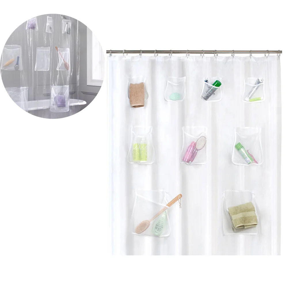 

Clear Shower Curtain PVC Translucent With Pockets Waterproof Bathroom For iPad Tablet Phone Holder TSH Shop