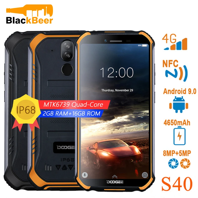 DOOGEE S40 4GNetwork Rugged Mobile Phone 5.5inch Display 4650mAh MT6739 Quad Core 3GB RAM 32GB ROM Android 9.0 8.0MP IP68/IP69K