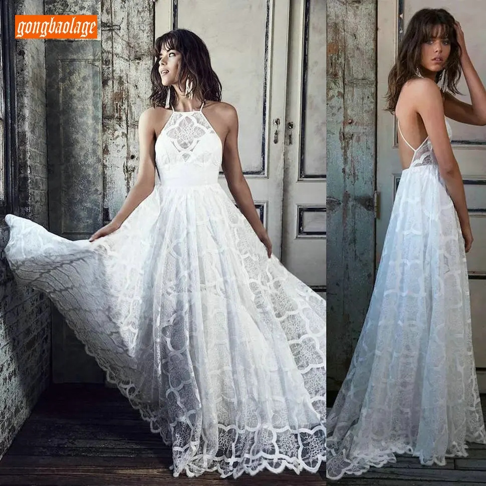 

Elegant BOHO Lace Ivory Wedding Dress Long 2019 Sexy Wedding Gowns Scoop Backless Slim Fit Beach Flimsy Cheap Women Bridal Dress